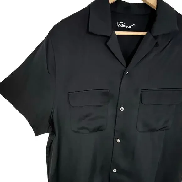 Elwood Short Sleeve Satin Button-up Bowling Shirt in Black Size Small - Picture 2 of 5